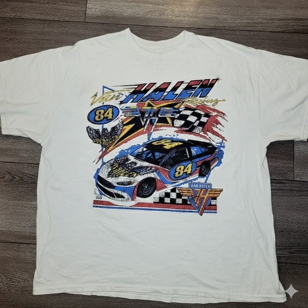 Van Halen Racing Retro/Vintage Style Graphic Tee Cream/Off-white, Large/XL.